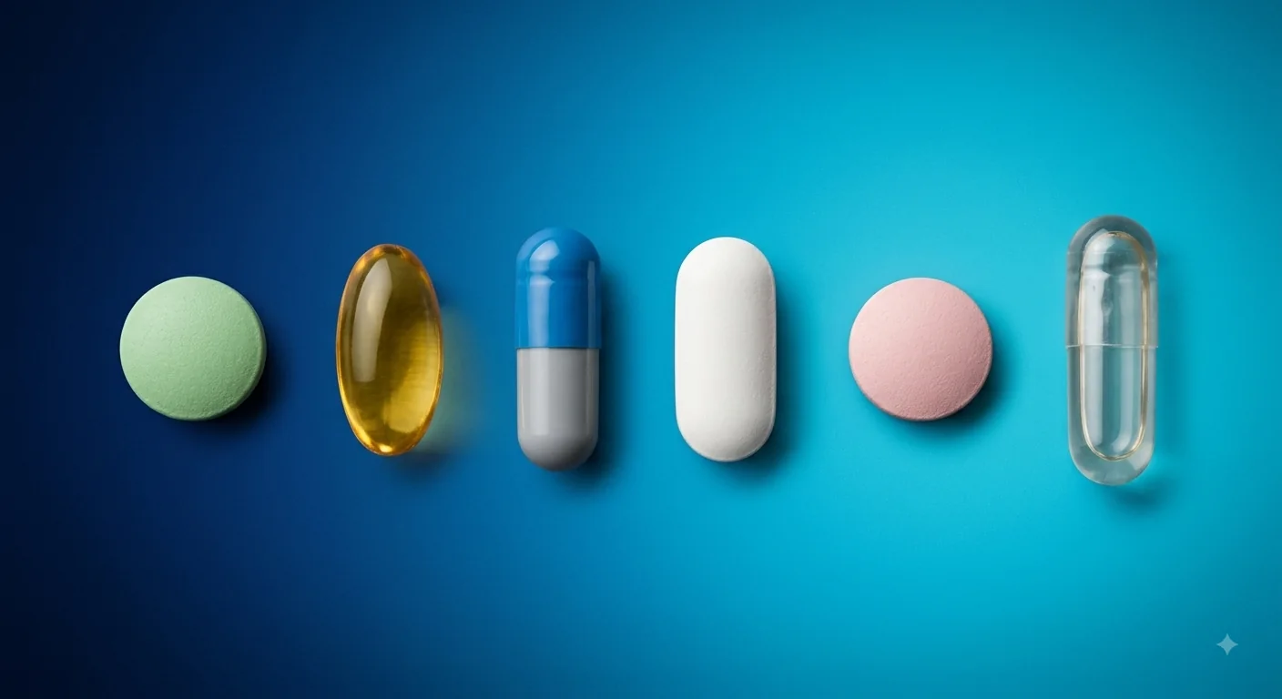 A row of assorted tablets and capsules on a navy to cyan gradient